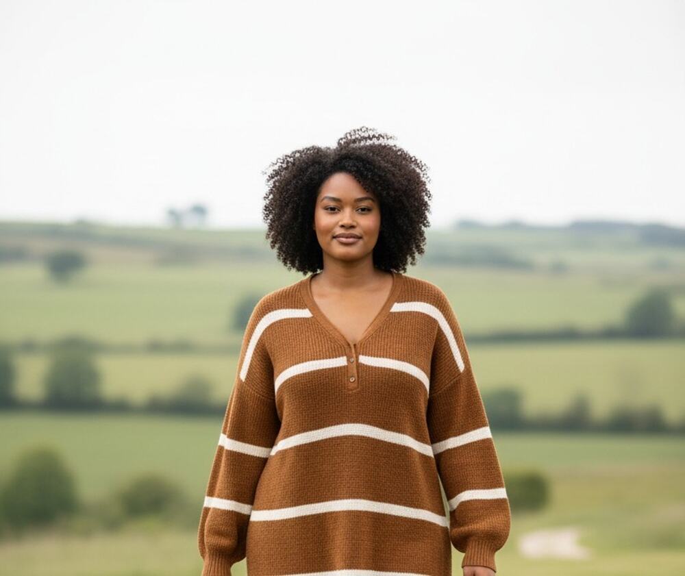Terra & Sky Tunic Sweater Womens 1X Brown Striped V Neck Henley Longer Classic